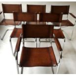 DINING CHAIRS, a matched set of six, hand dyed tobacco brown and chrome with cantiliver frames after