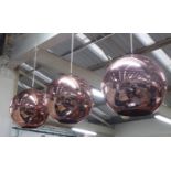 PENDANT LIGHTS, a set of three, copper finish ball design, 40cm diam approx. (3)