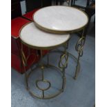 NESTING SIDE TABLES, a pair, gilt metal with marble inserts, 62cm H x 46cm diam at largest. (2)