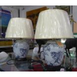 TABLE LAMPS, a pair, Chinese export style blue and white, with shades, 50cm H. (2)