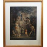 GEORGE MORLAND, 'Figures and performing dogs' coloured engraving, 51cm x 40cm, framed.