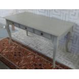 WRITING DESK, grey painted with three frieze drawers and cabriole supports, 155cm x 78cm H x 80cm.