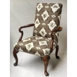 LIBRARY ARMCHAIR, George I design mahogany with crook arm, carved knees and Osborne & Little