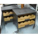 WINE LOVERS SIDE TABLES, a pair, with racks for and bottles each table, 44cm x 35cm x 43cm. (2)