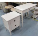 WRITING TABLE, white, Scandinavian style, 46cm D x 78cm H x 91cm W and a two drawer white bedside