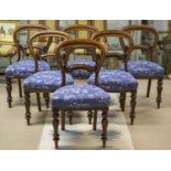 DINING CHAIRS, a set of six, Victorian mahogany, circa 1865, with patterned blue stuff over