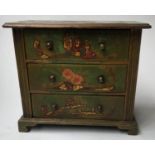 MINIATURE CHINOISERIE CHEST, late 19th/early 20th century green lacquer and gilt decorated with