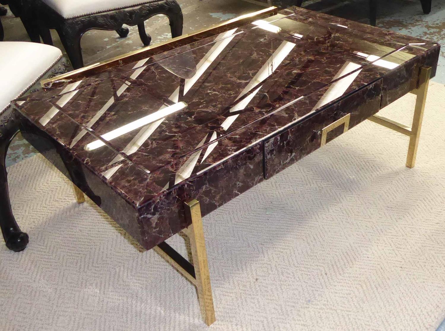 COCKTAIL TABLE, simulated marble top on gilt metal frame, with one drawer, 22cm x 75cm x 47cm.