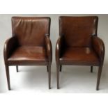 BRIDGE ARMCHAIRS, a pair, mid 20th century hand dyed leaf brown leather with showwood arms, 57cm