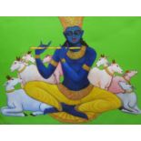 CONTEMPORARY INDIAN SCHOOL 'Goddess Surrounded by Goats', acrylic on canvas, signed lower left,