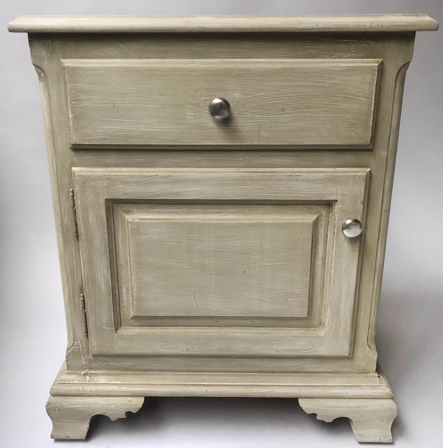 BEDSIDE CABINETS, a pair, 19th century style, traditionally grey painted, each with drawer and - Image 2 of 5
