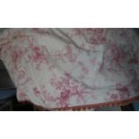 CURTAINS, a pair, toile du jouy cream and pink, lined and interlined, each curtain 110cm gathered