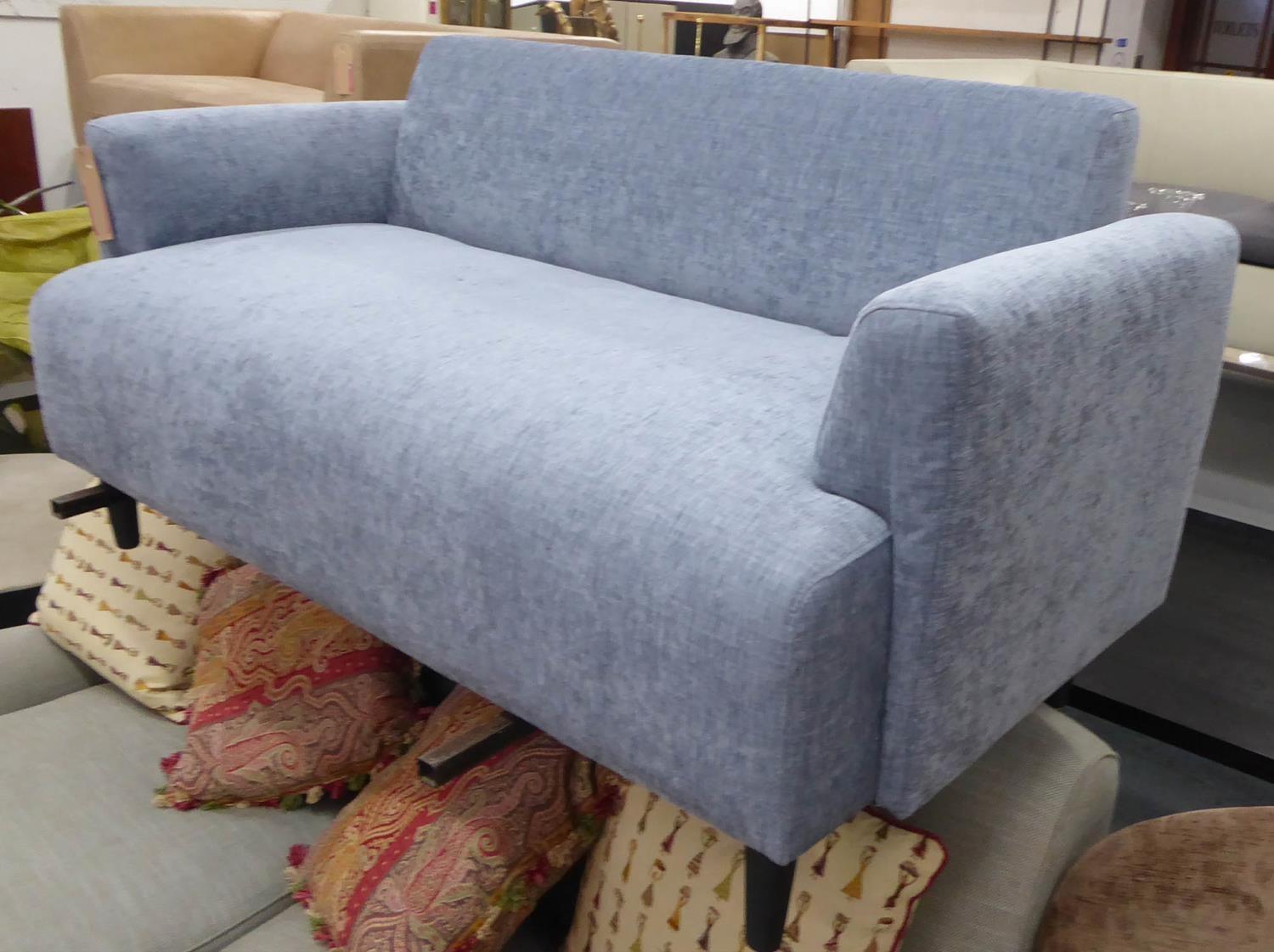 SOFA, contemporary blue fabric upholstered, ebonised feet, 145cm W approx.