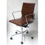 REVOLVING DESK CHAIR, Charles and Ray Eames inspired, ribbed hand finished leaf brown leather,