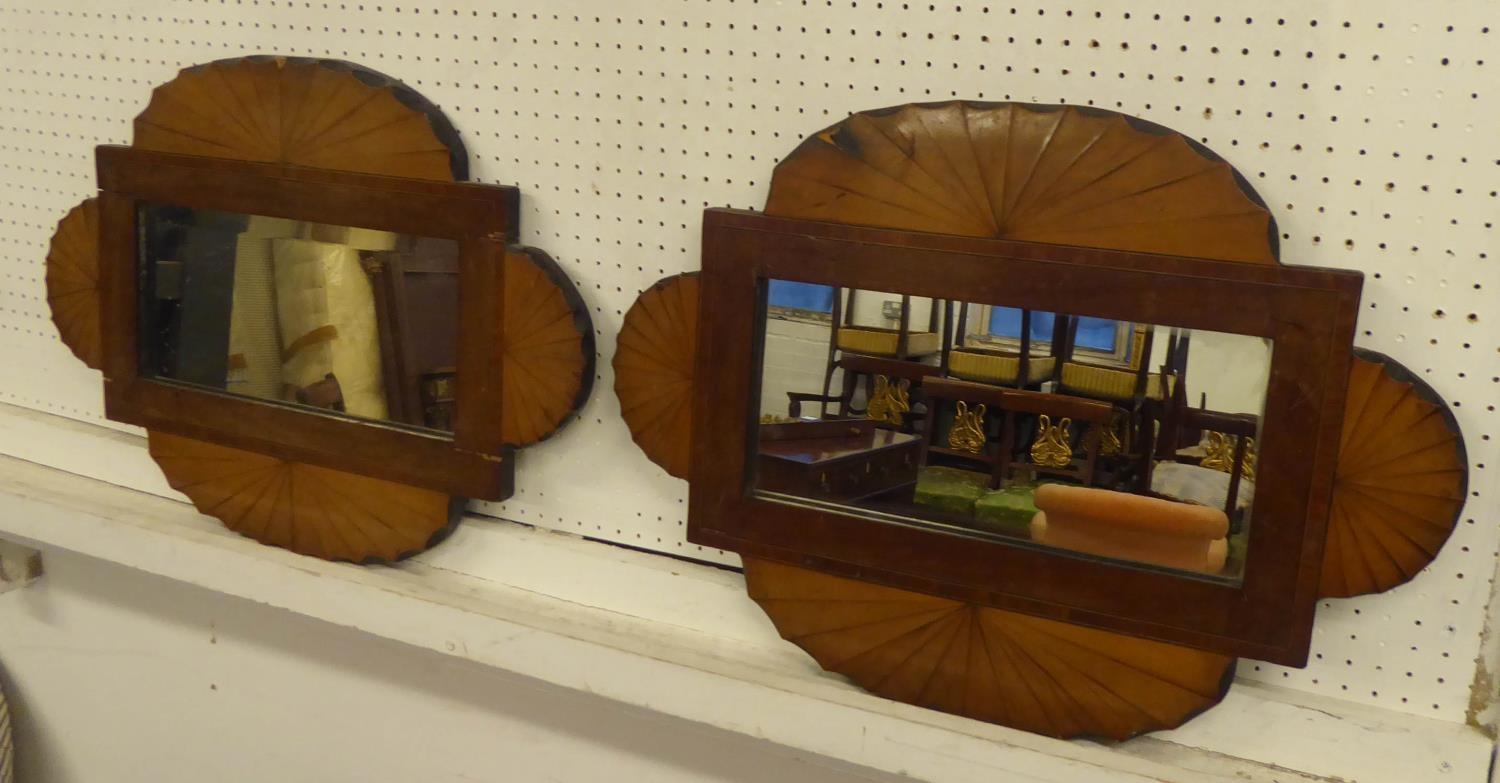 WALL MIRRORS, a pair, late Victorian mahogany and satinwood inlaid of fan design, 60cm x 45cm. (