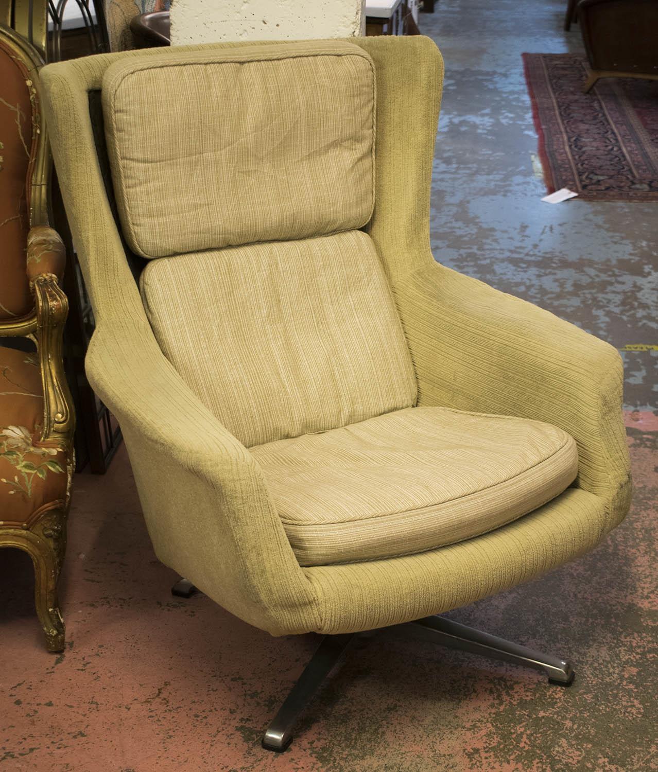 SWIVEL ARMCHAIR, mid 20th century Swedish in cord upholstery with cream cushions on an aluminium