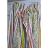 CURTAINS, a pair, with gold pattern and candy stripes, lined, each curtain 82cm W gathered x 250cm