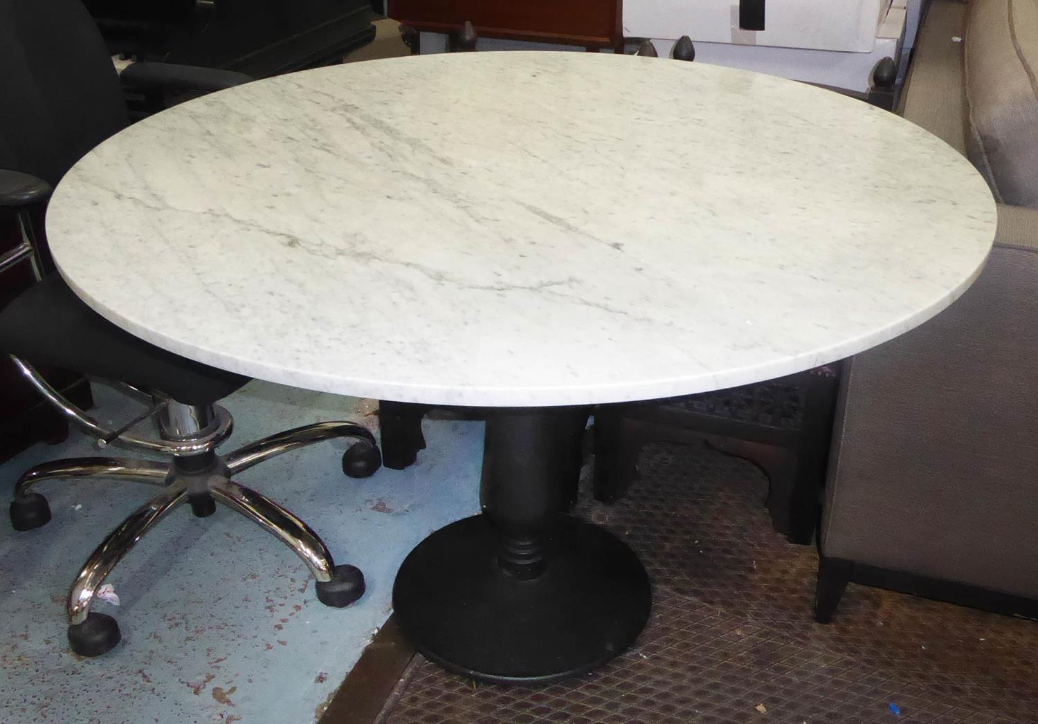 DINING TABLE, circular with a white marble top on a column support, approx 120cm diam.