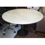 DINING TABLE, circular with a white marble top on a column support, approx 120cm diam.