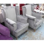 ARMCHAIRS, a pair, contemporary wing back design, grey velvet upholstered, 82cm W. (2)