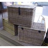 WICKER HAMPER BASKETS, a set of three, 71cm x 51cm x 51cm. (3) (slight faults)