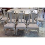 DINING CHAIRS, a set of eight, Queen Anne style grey painted including two armchairs with linen