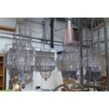 HANGING LANTERNS, a set of six, wire work with glass inserts, 90cm drop. (6)