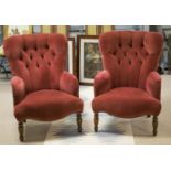 ARMCHAIRS, a pair, Victorian style in dark pink velvet, 65cm W. (2)