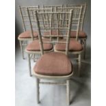 DINING CHAIRS, a set of six faux bamboo and grey washed. (these chairs are stacking) (6)