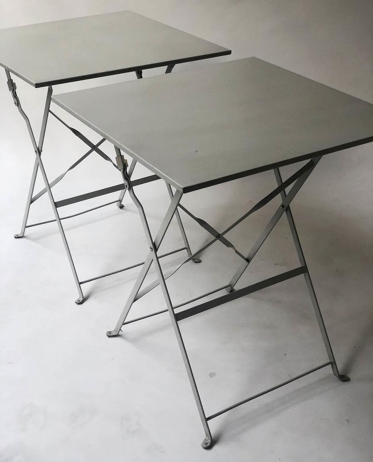 BISTRO TABLES, a pair, French grey painted, square with folding x supports, 60cm x 60cm x 72cm. (2) - Image 2 of 3