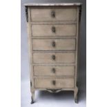 TALL CHEST, 19th century French Transitional design traditionally grey painted and silvered metal