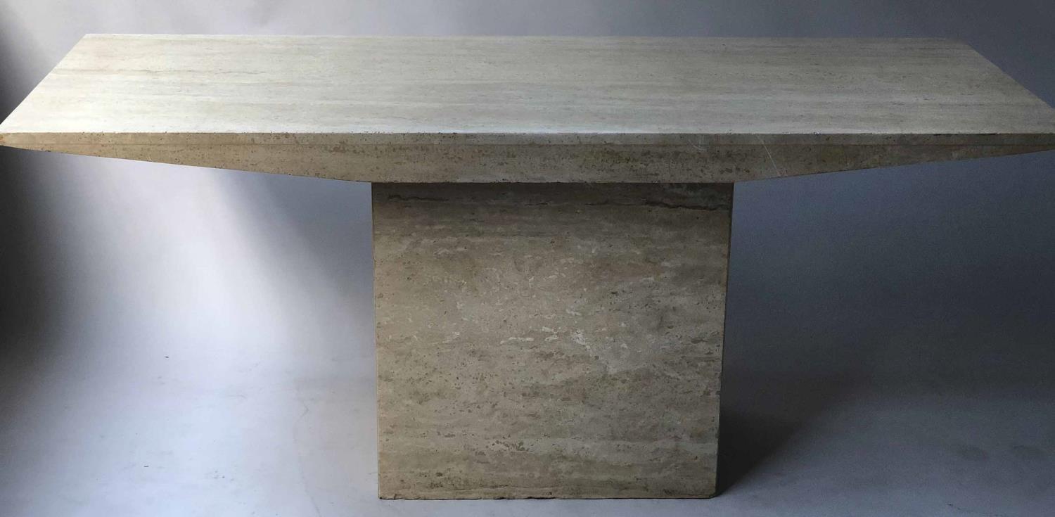 TRAVERTINE CONSOLE TABLE, 1970s rectangular with angled frieze and plinth support, 170cm x 66cm x