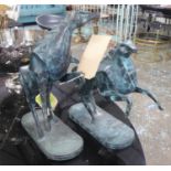 CONTEMPORARY SCHOOL, rearing stallions, futurist inspired, verdigris finish, 43cm at tallest approx.