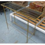 CONSOLE TABLE, smoked glass top, gilt metal frame, 107.5cm x 33.5cm x 79cm.