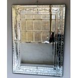 WALL MIRROR, Venetian style rectangular bevelled with etched border, 92cm x 122cm H.