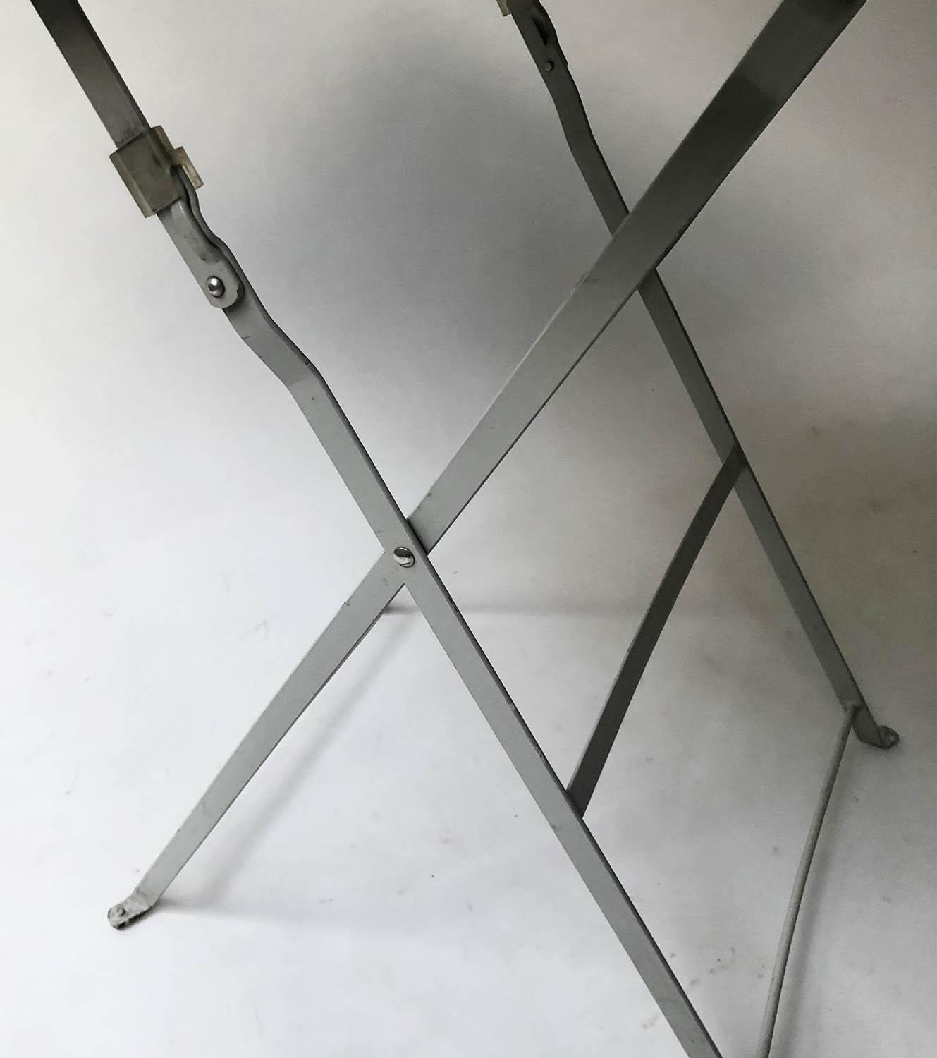 BISTRO TABLES, a pair, French grey painted, square with folding x supports, 60cm x 60cm x 72cm. (2) - Image 3 of 3