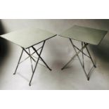BISTRO TABLES, a pair, French bistro style, traditionally grey with folding supports, 60cm x 60cm