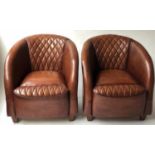CLUB ARMCHAIRS, a pair, Timothy Oulton style hand dyed tobacco brown quilted leather. (2)