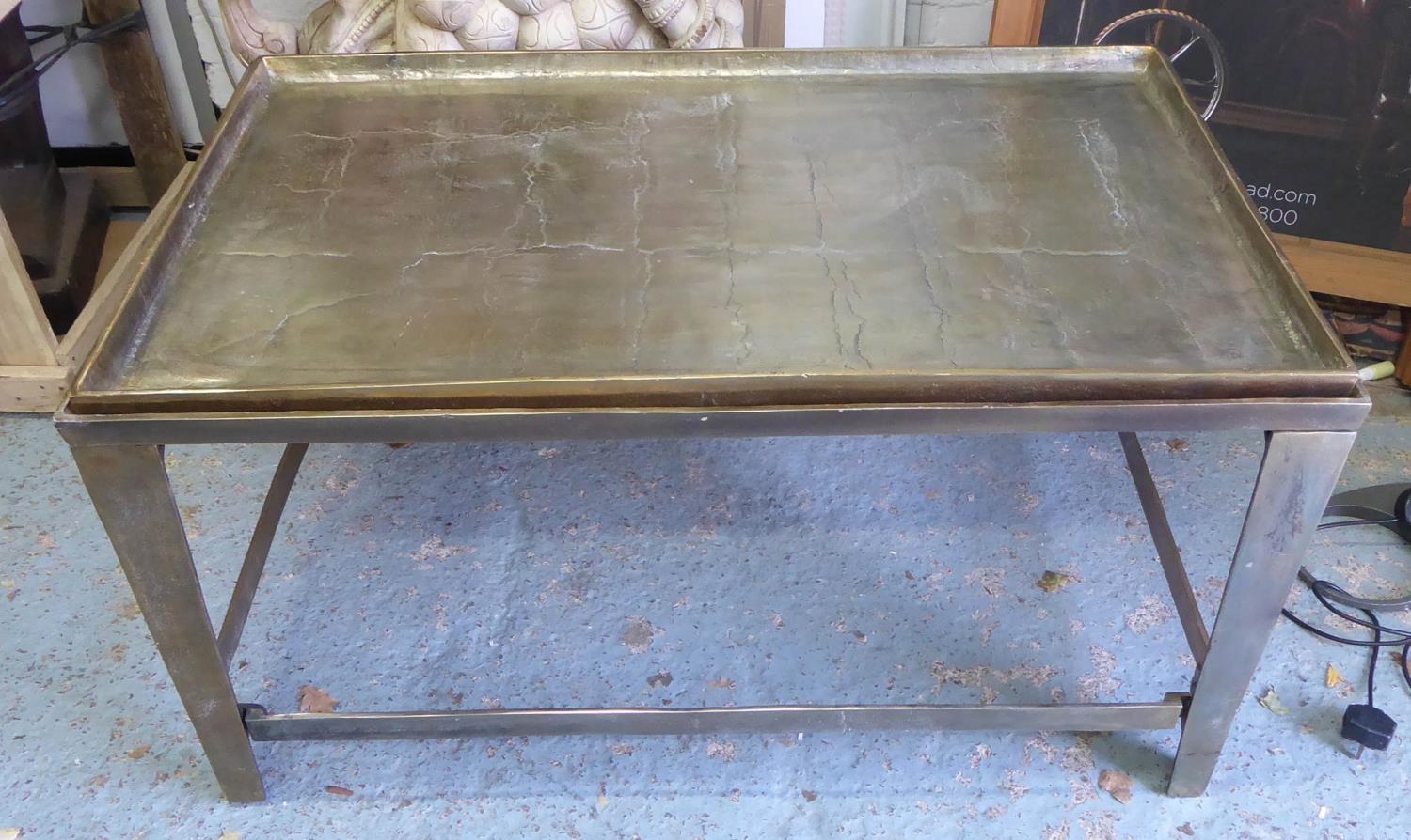 LOW TABLE, the brass tray top on a brass base, 102cm W x 61cm D x 56cm H.
