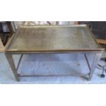 LOW TABLE, the brass tray top on a brass base, 102cm W x 61cm D x 56cm H.