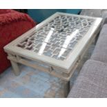 LOW TABLE, grey painted oriental style design with glass top, 121cm W x 80cm D x 45cm H.