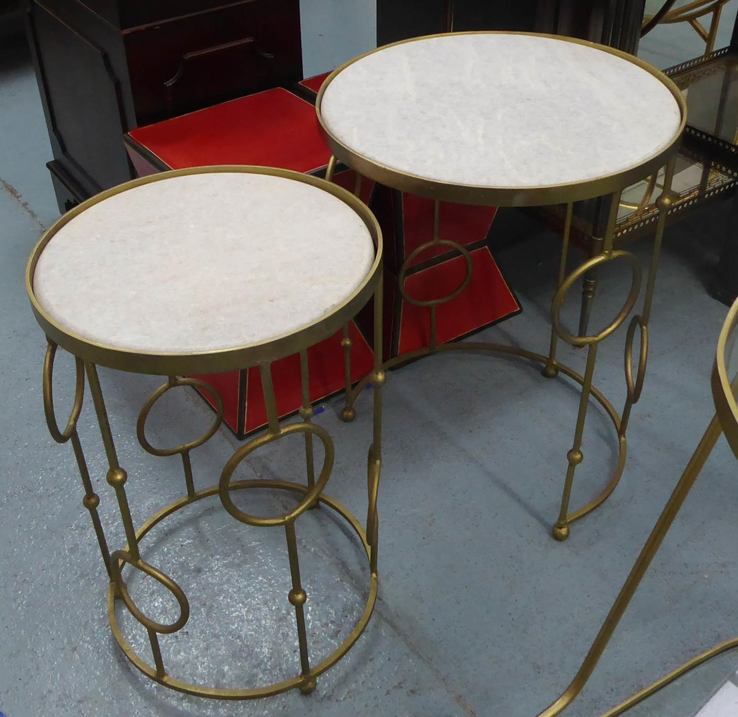 NESTING SIDE TABLES, a pair, gilt metal with marble inserts, 62cm H x 46cm diam at largest. (2) - Image 2 of 3