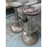 BAR STOOLS, a pair, industrial style wood and metal, in a distressed finish, 50cm x 81cm H. (with