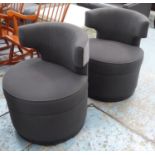 SWIVEL BARREL CHAIRS, a pair, grey fabric upholstery, satin piping detail, 77cm H. (2)