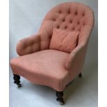 ARMCHAIR, Victorian with salmon pink buttoned upholstery, 69cm W.