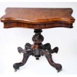 SERPENTINE CARD TABLE, Victorian burr walnut, the serpentine front foldover baize lined top above
