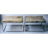 LOW TABLES, a pair, Lakor natural petrified timber on steel supports, 40cm H x 69cm x 47cm. (2)