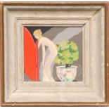 UMBERTO BRUNELLESCHI 'Lady by a Chinese Vase, 1930, pochoir, printed in Paris, 11cm x 11cm, framed