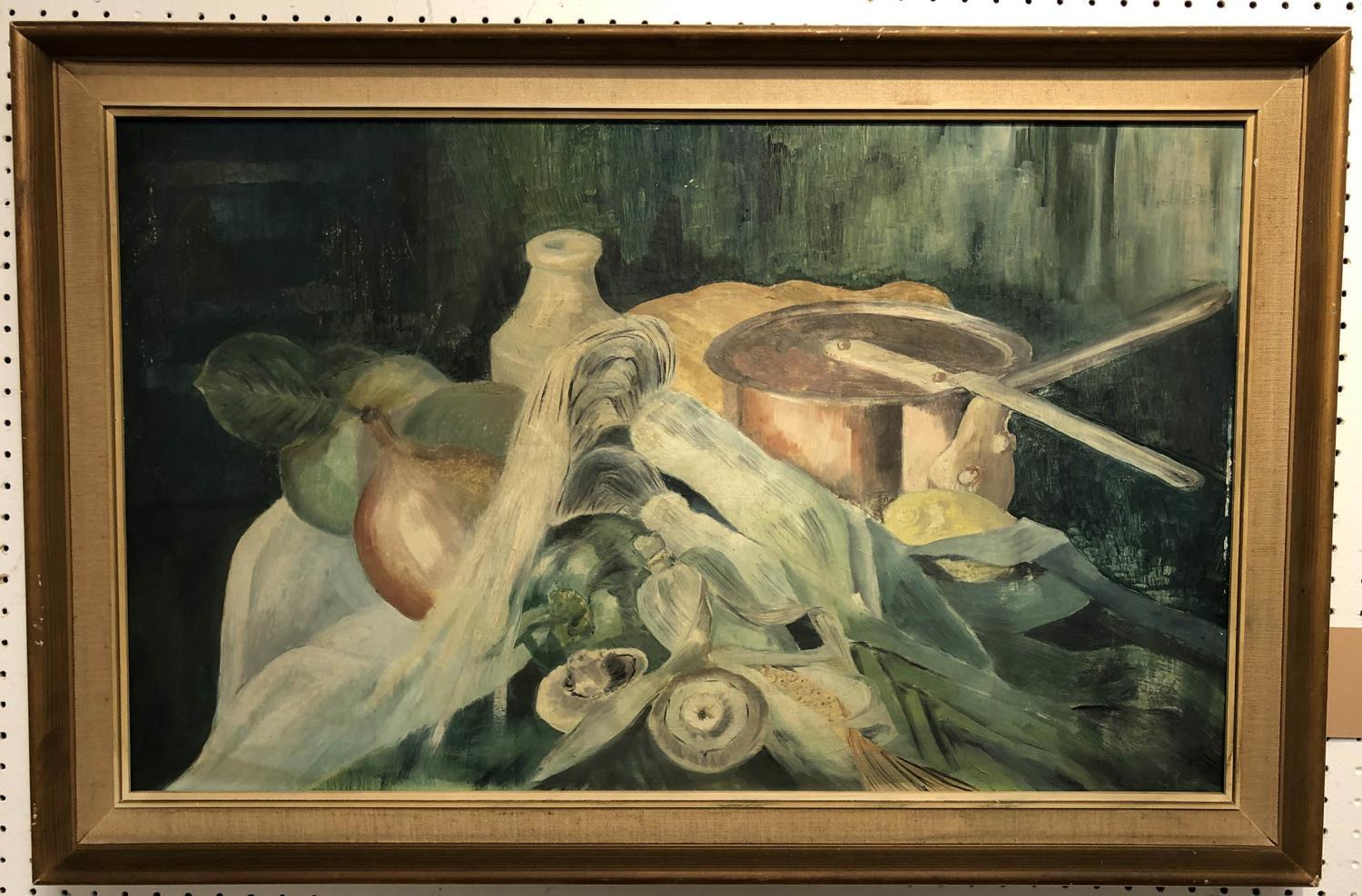 20TH CENTURY FRENCH SCHOOL 'Still Life with Vegetables', oil on board, 66cm x 40cm, framed.