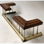 CLUB FENDER, Victorian style brass with buttoned brown leather pads and balustrade support, 140cm
